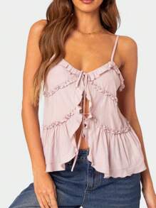 Women's Fashion Solid Color Camisole Pink Lace-Up Ruffled Suspender Tank Tops