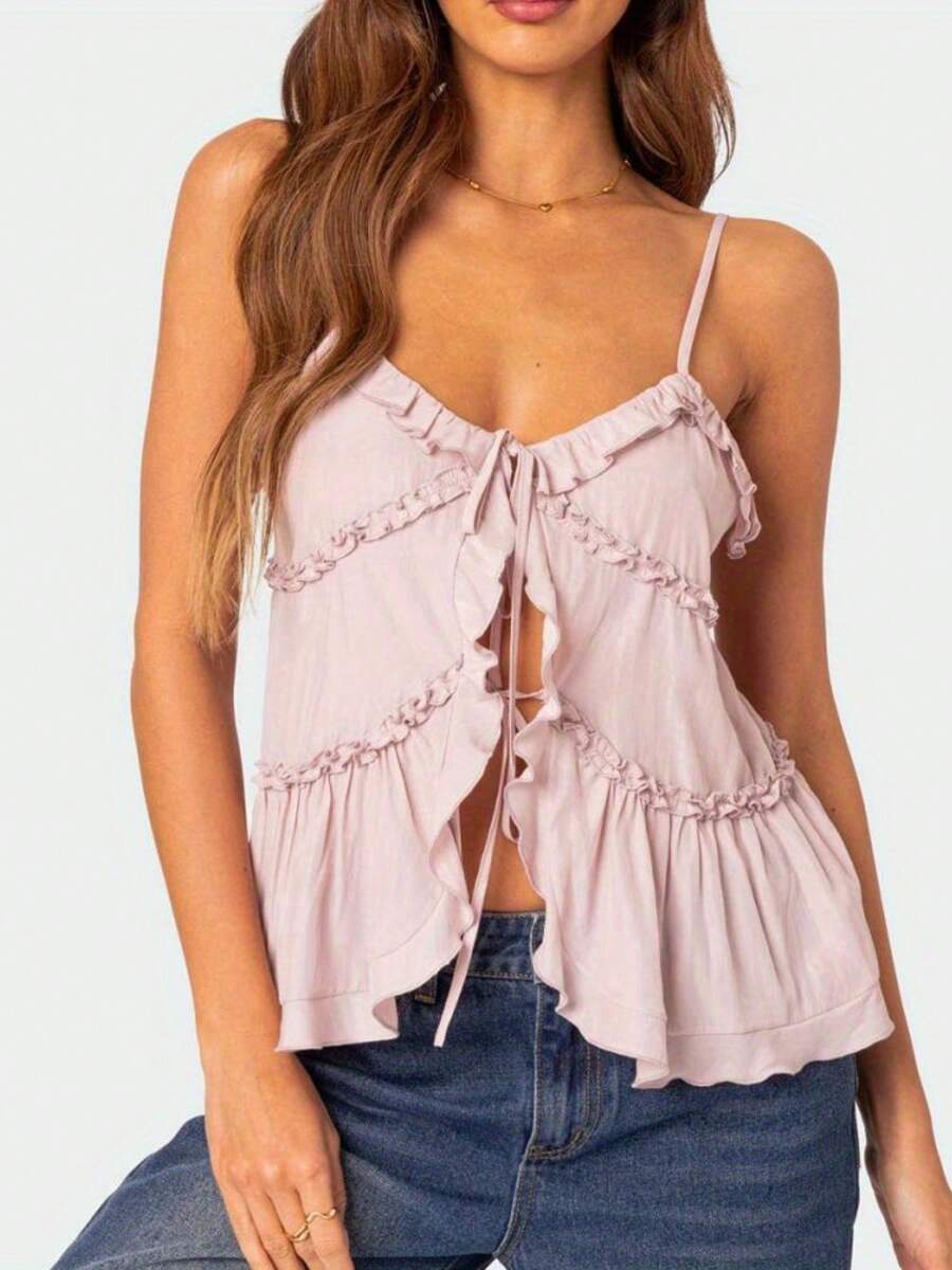 Women's Fashion Solid Color Camisole Pink Lace-Up Ruffled Suspender Tank Tops