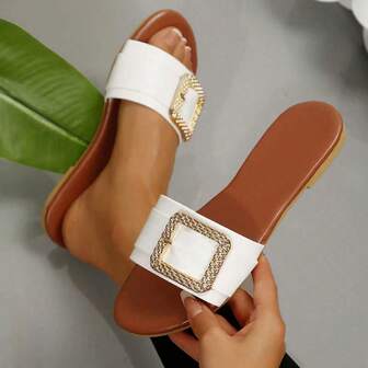 Women Flat Slippers Outdoor Wear, Strap Slides, White New Design Round Toe Square Buckle Fashion Holiday Style