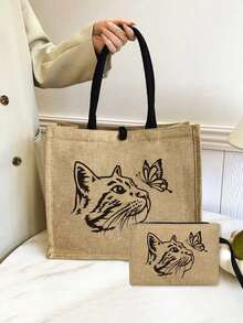 猫咪蝴蝶主题手提包套装：女士手提包和化妆包，包括一个亚麻卡通猫咪图案手提包和一个小包/零钱包，印有猫咪和蝴蝶图案，可作沙滩手提包、时尚大容量化妆包、旅行化妆包、纯色拉链包，适合上学、大学、通勤、生日等场合。