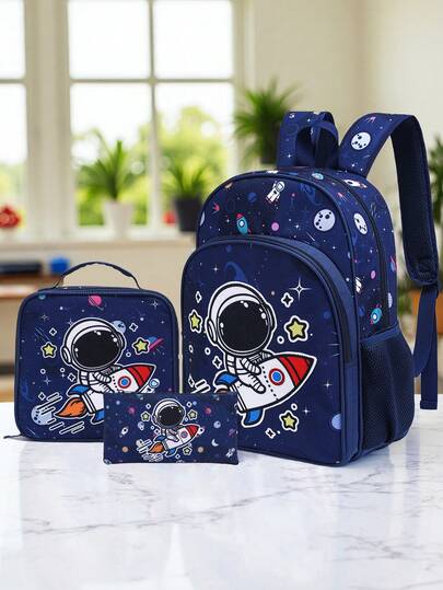 Set de 3 piezas Mochila para niños, Mochila escolar de 16 pulgadas con tema de astronauta, ligera y linda, con bolso de mano y estuche para lápices, adecuada para escuela primaria, secundaria y preparatoria