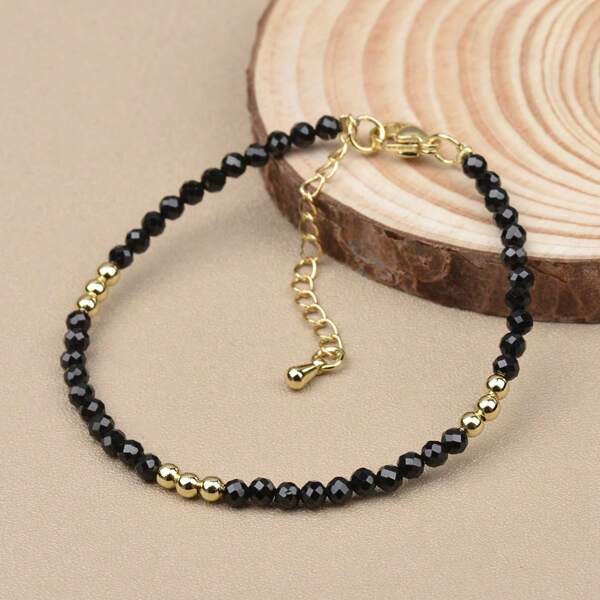 1 pieza Brazalete ajustable para hombre con cuentas de ónix negro de 3mm, cuarzo, lapislázuli y cuentas doradas de cobre, adecuado para uso diario y como regalo