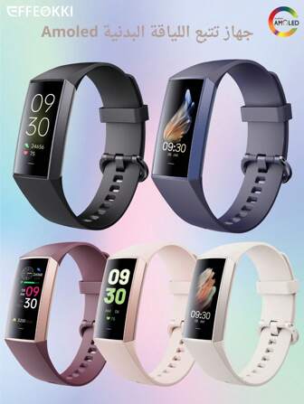EFFEOKKI ساعة ذكية مقاس 1.1 بوصة AMOLED لياقة بدنية للرجال والنساء سوار ذكي شريط رياضي مقاوم للماء خطوة عداد معدل ضربات القلب/ضغط الدم/مراقب الأكسجين في الدم ساعة ذكية