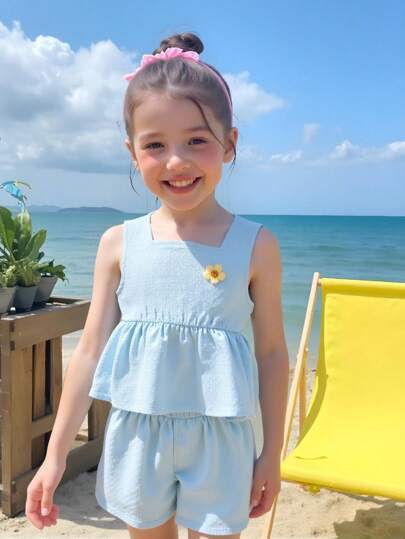 2pcs Young Girl Outdoor Casual Vacation Solid Color Versatile Gingham Vest & Skirt Set With Yellow Floral Accent, Coordinated With Sports Shorts, Summer Outfit
