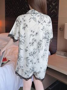 两件套女士蕾丝领蕾丝拼接撞色短袖上衣和短裤睡衣套装，适合春夏穿着 - 黑與白 - 查看 2