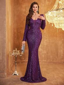 Vestido formal de manga larga con cuello en V y bajo de cola de sirena con lentejuelas - Rojo violeta - Ver 2