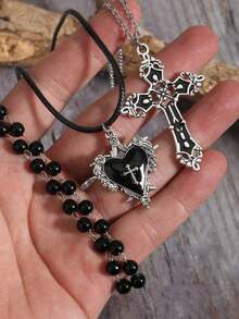 Bộ 3 dây chuyền trái tim hoa ngọc trai đen phong cách Gothic cổ điển, bộ trang sức dây chuyền Y2K dành cho phụ nữ - màu đen - Xem 3