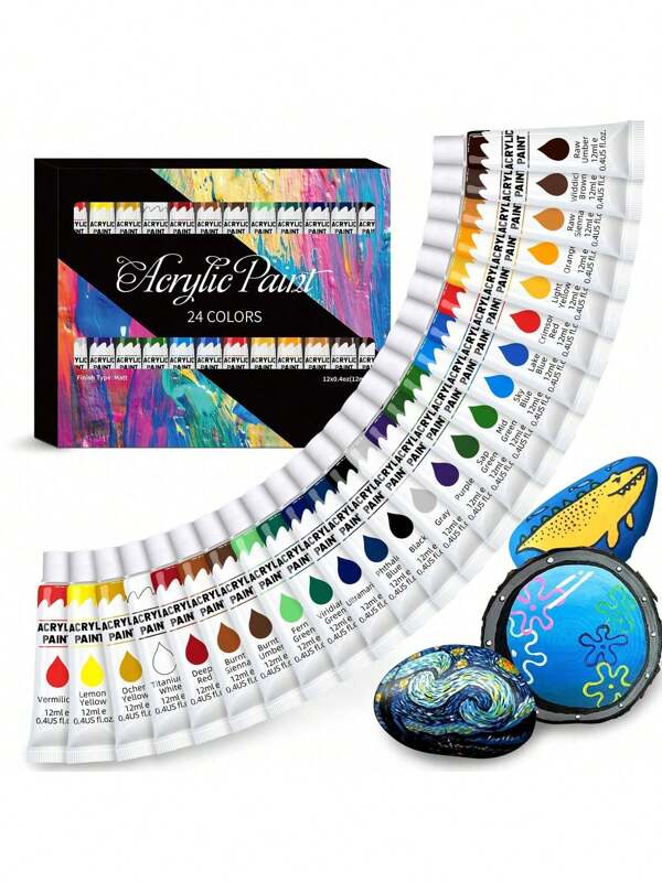 FLYSEA 24/12 Colors Acrylic Paint Set, Rich Pigments, Suitable For Artists, Students, Beginners, Kids, Adults - Great For Canvas, Wood, Fabric, Paper And Most Art Media To Create Wall Art, Portraits, Abstract, Landscape, Or Any Artwork You Desire [Back To School Supplies]