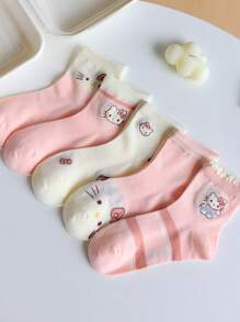 Sanrio 5 pares de calcetines de bebé de Hello Kitty, calcetines infantiles rosas de dibujos animados y adorables, calcetines para el hogar, adecuados para todas las estaciones