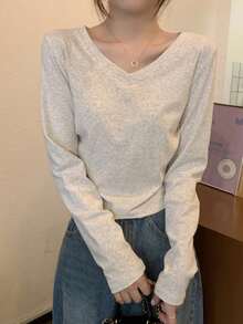 2025 新款 V 领长袖修身 T 恤，女士分层上衣，春秋季