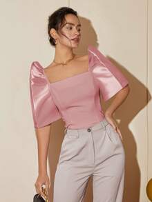 Women's Spring/Autumn Solid Color Petal Sleeve Stand Collar Square Neck Elegant Blouse Short Top - Berwarna merah muda - View 1