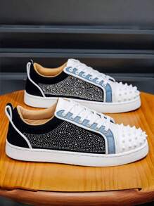 Men's Punk Style Low-Top Round Toe Breathable Stylish High-End Leather Anti-Slip Red Bottom Casual Sneakers With Rivet Studded, Versatile Stylish Youth Stage Party Shoes, Suitable For Outdoor, Travel