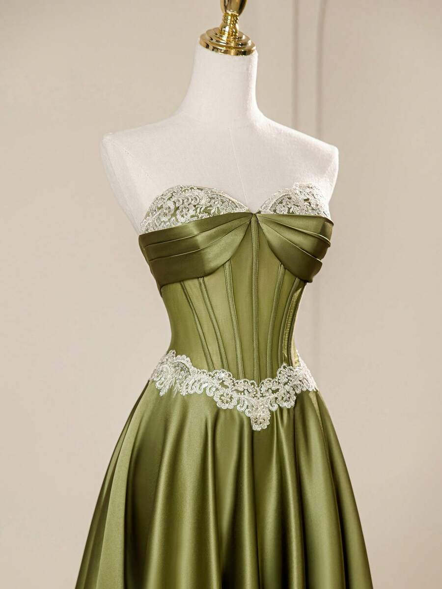 圣诞魅力缎面复古束腰A字长裙，别致伴娘礼服，姐妹晚礼服，派对礼服 - 綠色 - 查看 1