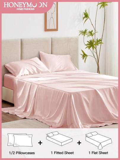 3/4pcs Bedding Set: 1pc Satin Fitted Sheet + 1pc Satin Flat Sheet + 1/2pcs Satin Pillowcase, Soft & Breathable, Wrinkle-Resistant, Improve Sleep Quality, Luxury Hotel Style, Ideal Gift For Parents & Friends, 9-13 Inch/30cm Deep Pocket, Machine Washable, Fits All Bed Sizes - Twin, Full, Queen, King