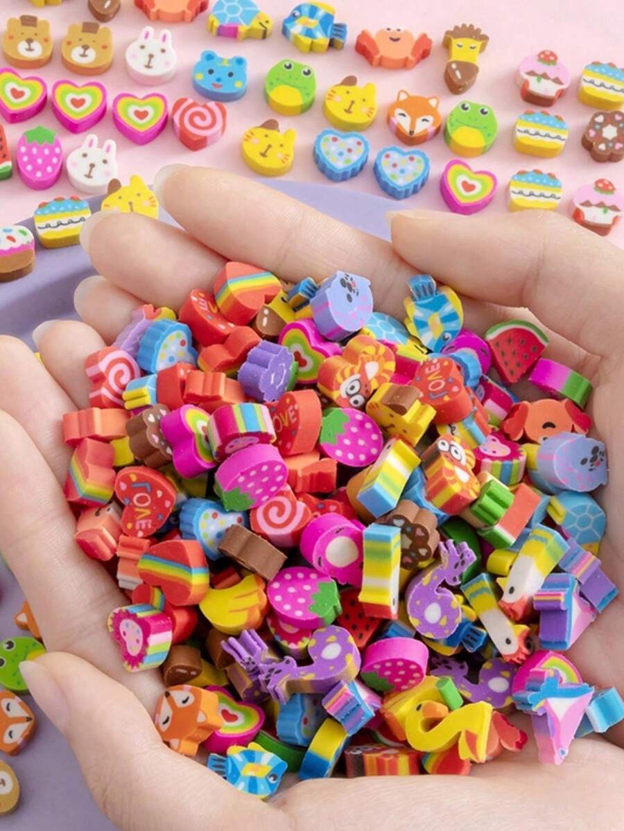 60pcs/Set Random Style Bagged Cartoon Fruit, Animal, Heart Shaped Mini Erasers, Creative Stationery School Supplies,Back To School