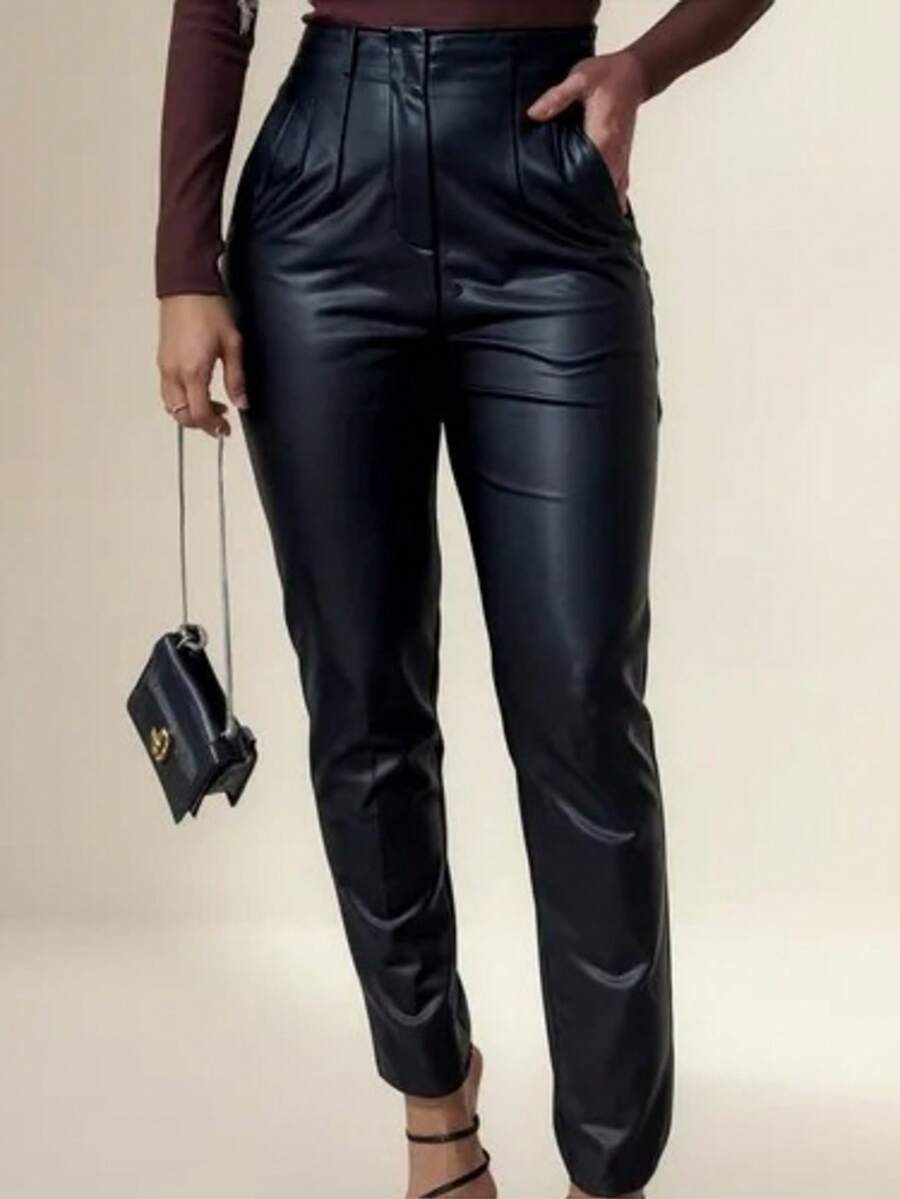 Zra Women Leather Pants High Waist Skinny Party Elegant Winter Fashion - màu đen - Xem 1