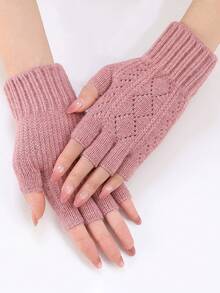 1双女士秋冬针织手套，带保暖内衬，户外保暖露指手套，时尚百搭袖套