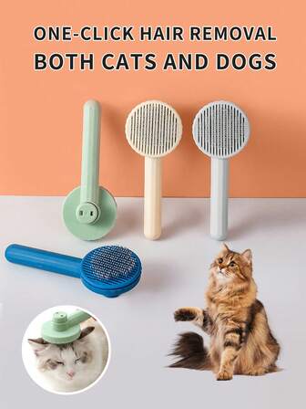 Cepillo para mascotas fácil de limpiar, peine para mascotas, cepillo rizado, cepillo redondo, adecuado para perros y gatos - multicolor, cepillo autolimpiante, desechado con un solo botón, adecuado para pelo largo y corto, mango cómodo, cepillo para perros, para eliminar el pelo muerto y el aseo