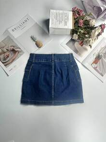 度假风女式春夏双扣休闲牛仔裙 - 藏蓝色 - 查看 4