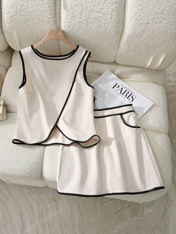 Women's Summer Contrast Trim Criss-Cross Neck Sleeveless Top & Mini Skirt Fashion Set