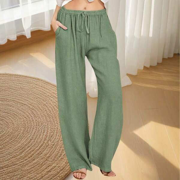 Pantalon femme taille haute en coton et lin avec cordon de serrage, pantalon décontracté à jambe large, pantalon de plage de vacances avec poches
