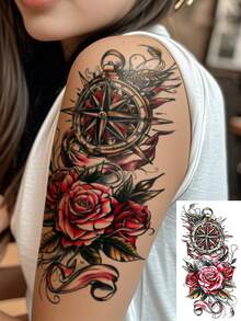 1 Foglio di grandi dimensioni Tatuaggi temporanei da donna, stile retrò old school con motivo di rosa rossa e bussola, tatuaggi finti impermeabili, durano 2-5 giorni, coprono cicatrici, utilizzabili su braccia, polsi, spalle, gambe, vita, collo, mani, petto, cosce e dita, adatti per abbigliamento corporeo, vacanze, regali, feste, festival musicali