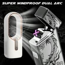 Electric USB Rechargeable Lighter Windproof Plasma Dual Arc Lighter With LED Battery Indication Flameless Cool Lighters Gifts For Men Fathers Husband Black Dragon - 黑龍 - 查看 5
