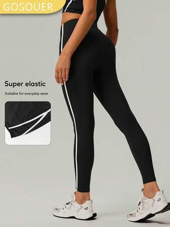 GOSOUER Damskie białe, kontrastowe, obcisłe legginsy do jogi, biegania i fitnessu z wysokim stanem