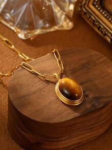 1 件不锈钢金黄色法式复古风格棕色琥珀绿松石宝石项链，适合女性派对日常佩戴或送礼 - 金黃色 - 查看 4