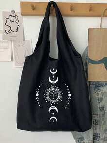 太阳、月亮和星星印花帆布单肩包、白色图案、黑色背心手提包和黑色小包、小化妆包、零钱包、储物袋、情人节礼物、伴娘个性化婚礼礼品袋、化妆包、简易旅行储物袋