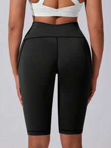 1pc Women High Waist Yoga Cycling Shorts With Pockets, Black Sports Fitness Leggings, Butt Lifting Tights, Suitable For Gym, Yoga, Running, Workout, Sports