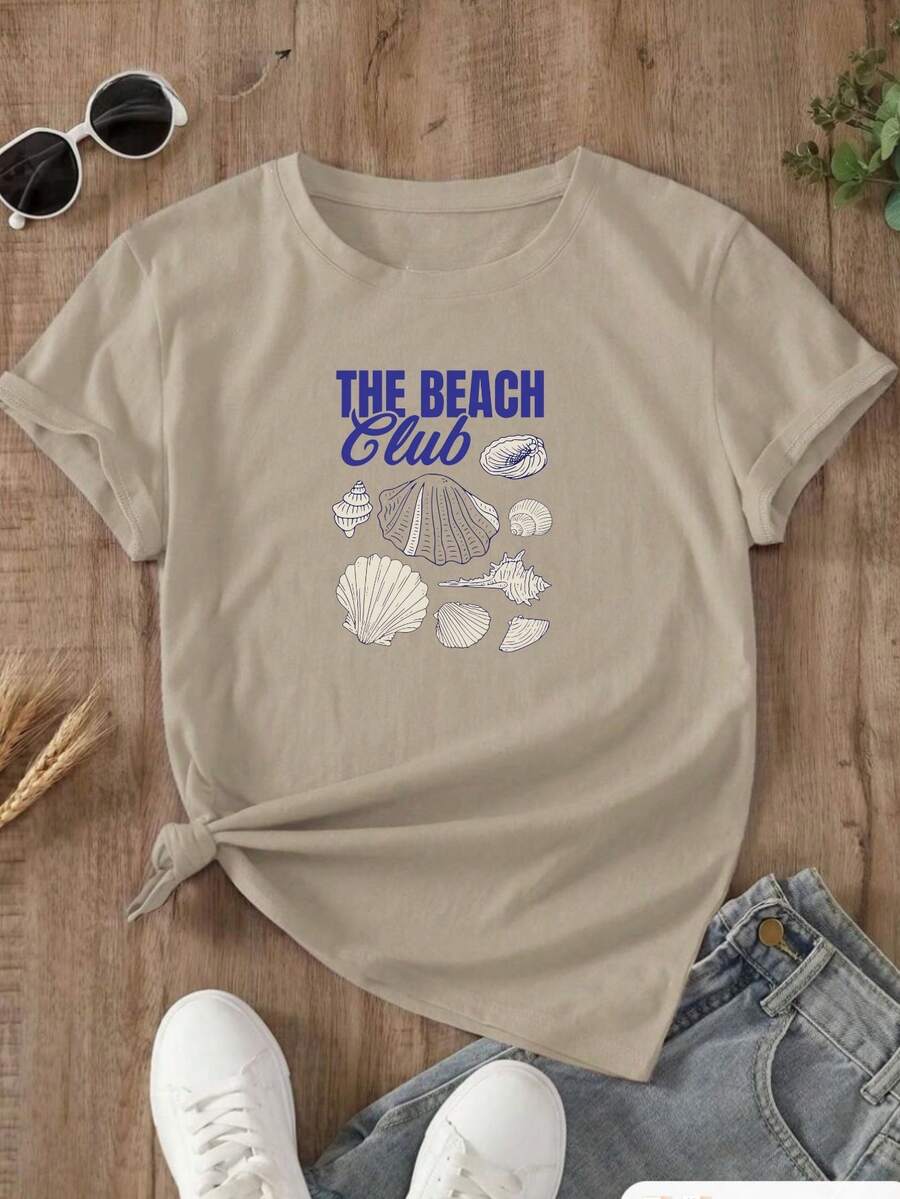 Women's Blouse T-Shirt Basic Cotton T-Shirt Stylish Casual Beach Fashion - 米色 - 查看 1