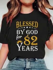 100% Cotton Vintage  By God For 82 Years Happy 82nd Birthday T-Shirt Women's Men's Plus Size Soft Tee Causal Tops Breathable - 黑色 - 查看 1