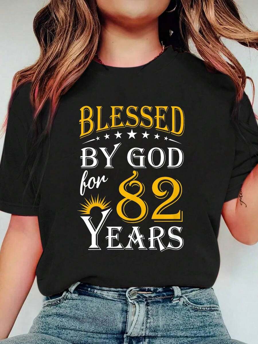 100% Cotton Vintage  By God For 82 Years Happy 82nd Birthday T-Shirt Women's Men's Plus Size Soft Tee Causal Tops Breathable - 黑色 - 查看 1