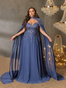 Faeriesty 这款优雅的超长披肩袖连衣裙，正面镂空设计，饰以串珠花朵，采用直筒式剪裁，是一款正式的派对礼服和华丽优雅的晚礼服，完美适用于豪华宴会、红毯盛会、婚礼和正式晚宴、浪漫晚餐、正式肖像拍摄、返校节和毕业典礼、生日女士服装、春季连衣裙和夏季服装。 - 藏蓝色 - 查看 5