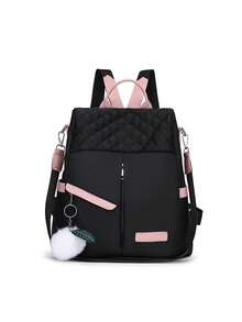 Black And Pink Oxford Cloth Women'S Backpack With Multiple Compartments, Perfect For Teen Girls, Women, Men, Students, Travel, Work, School, And Daily Use – Stylish, Lightweight, Anti-Theft, Durable, With Cute Pom-Pom Charm. The Material Appears To Be Durable, Making It Suitable For Daily Use, Such As Commuting Or Traveling. For Carrying Books, Personal Items, Etc. - 黑色 - 查看 12