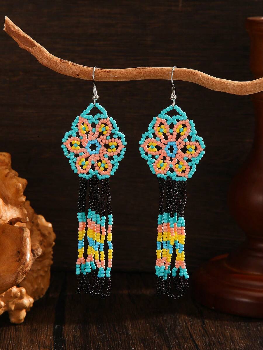 Handmade Beaded Earrings Bohemian Style Vintage Dangle Tassel Earrings Fashion Hollow Green Flower Cute Style Earrings Daily Vacation Versatile Spring Summer New All-Year Wearable Women's Fashion Accessories Mother's Day Valentine's Day Thanksgiving Holiday Gift Choice - Blue Hollow Flowers - View 1