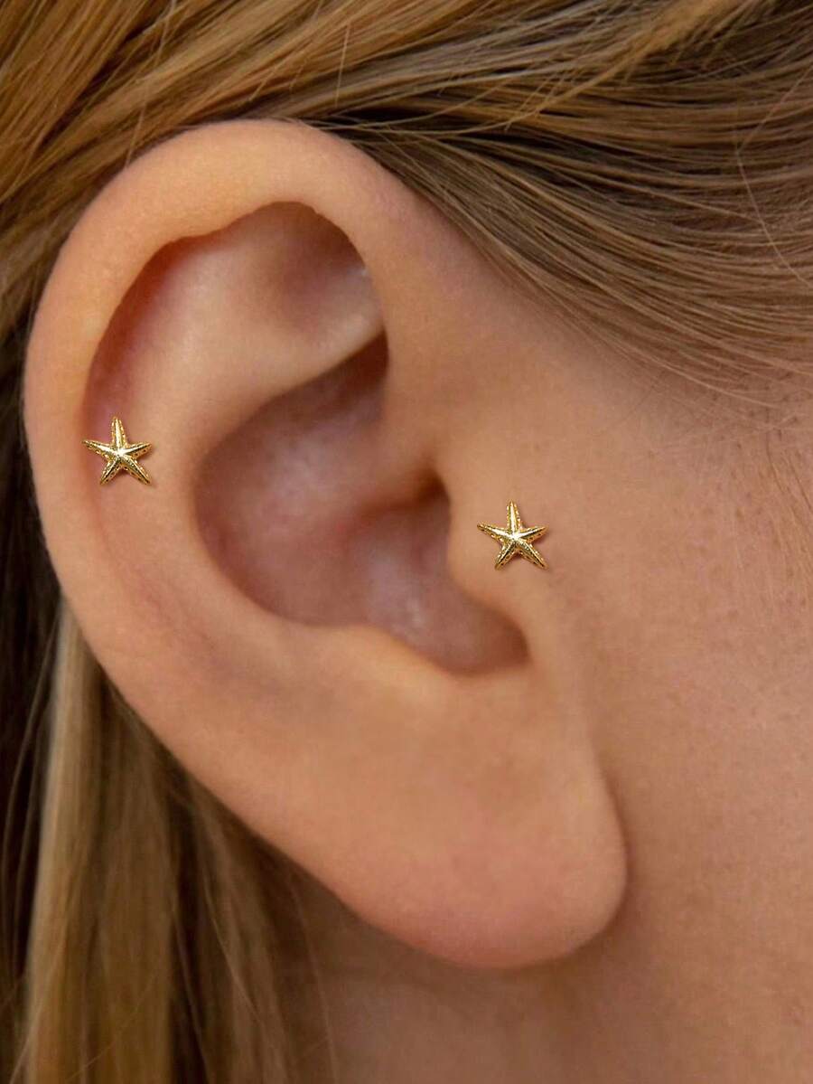 1件S925纯银海星平底唇钉 • 16G星月耳骨耳钉 • 花朵耳骨耳钉 • 海螺耳钉 • 叠戴耳环 - 金色 - 查看 1