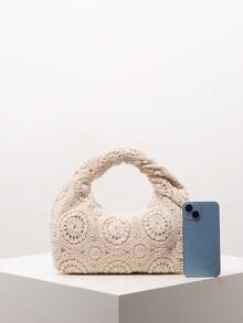 花卉镂空编织钩针包，女士波西米亚风沙滩包，高档百褶手提包，休闲假日钱包，节日必备品（图案随机） - 杏色 - 查看 4