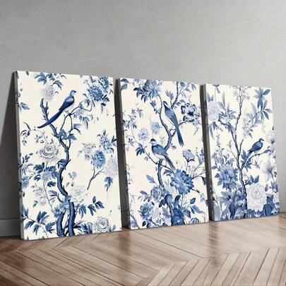 3pcs Optional Frame Canvas Poster, Modern Art, Blue And White Floral Bird Canvas Art Prints, For Bedroom Living Room Corridor, Wall Art, Wall Decor, Summer Decor, Room Decoration Home Decor, Wall Art With Frame