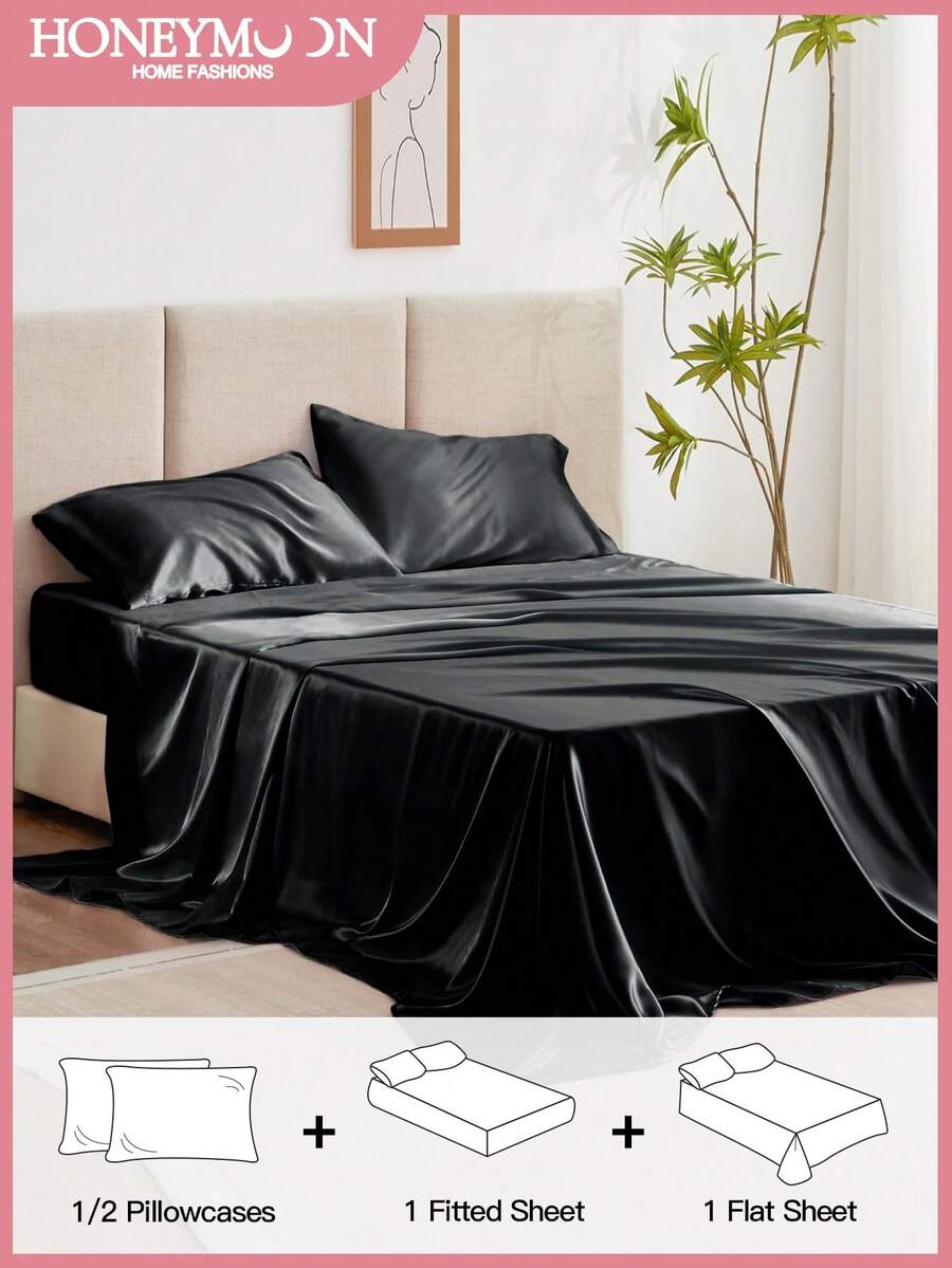 3/4件套床上用品：1件缎面床笠 + 1件缎面床单 + 1/2件缎面枕套，柔软透气，抗皱，提升睡眠质量，奢华酒店风格，馈赠父母和朋友的理想之选，9-13英寸/30厘米深口袋，可机洗，适用于所有床型——单人床、双人床、大号双人床、特大号双人床。 - 黑色 - 查看 1