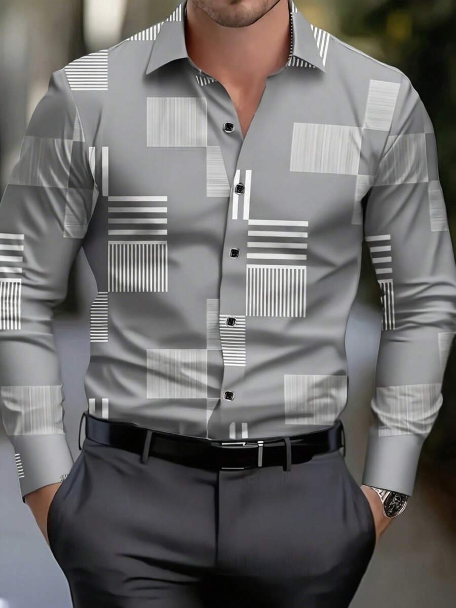 Kemeja Pria Lengan Panjang Klasik Motif Geometris & Garis-garis, Monokrom Hitam & Putih, Kemeja Berkerah Kancing Tunggal, Serbaguna untuk Semua Musim, Fesyen Lintas Batas yang Wajib Dimiliki, Musim Gugur - Grey - View 1