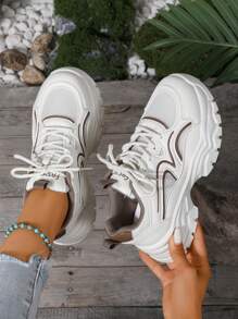 Ladies Casual Leisure Breathable Mesh Sneakers, Fashion Thick Sole Platform Shoes, Lightweight Non-Tiring, Solid Color Preppy Oxford Lace-Up Trainer Suitable For Holidays, Weddings, School, Parties, Office Wear In Spring/Autumn