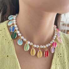 1 件女士时尚彩色珐琅贝壳和珠子项链，波西米亚风格海滩珠宝 - 白色 - 查看 3