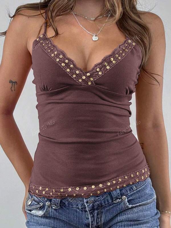 Live To Mo Y2K Style Solid Deep V-Neck Strap Tank Backless Fitted Sexy Lace Camisole Top Streetwear Graduation Outfit Suitable For Summer Beach Vacation, Date, Music Festival And Concert,4th Of July USA