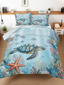 3 pièces Ensemble de housse de couette imprimé tortue marine, étoile de mer, corail océan (1 housse de couette + 2 taies d'oreiller, insert de couette non inclus), thème océan, apaisant la fatigue visuelle, convient pour toutes les saisons, idéal pour la décoration de literie d'hôtel, chambre, chambre d'amis et dortoir - Multicolore - Voir 5