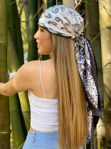 1PC Women's Black And White Paisley Printed Bandana Square Towel, 90CM Large Women's Satin Square Silk Feeling Hair Scarf Wrap Headscarf