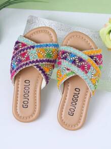 1 par de sandalias planas de moda para niñas en verano, diseño de estilo cruzado, adecuadas para varias ocasiones y sesiones de fotos