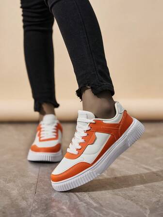 女士撞色平底鞋，圆头系带透气防滑鞋，女士经典系带低帮休闲鞋，女士舒适鞋，运动鞋，户外鞋