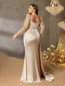 Faeriesty Plus-Size Sweetheart Neckline Formal Gown With Sheer Sleeves, Draped Side Detail, And Cascading Train, Party Dress, Wedding Guest Dress, Evening Dress - Champagne - View 3